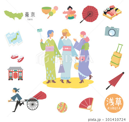 日本の東京の名物観光のアイコンと着物の女友達のセット(フラット) 日本の東京の名物観光のアイコンと着物の女友達のセット(フラット) 101410724