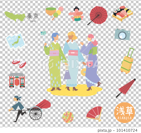 日本の東京の名物観光のアイコンと着物の女友達のセット(フラット) 日本の東京の名物観光のアイコンと着物の女友達のセット(フラット) 101410724