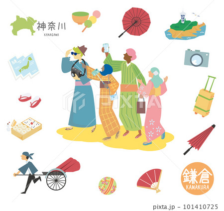日本の神奈川の鎌倉の名物観光のアイコンと外国からの観光客のセット(フラット) 日本の神奈川の鎌倉の名物観光のアイコンと外国からの観光客のセット(フラット) 101410725