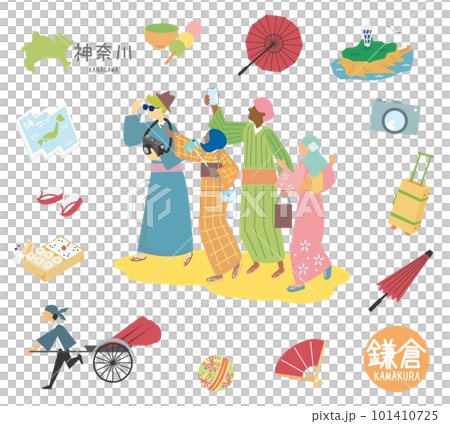 日本の神奈川の鎌倉の名物観光のアイコンと外国からの観光客のセット(フラット) 日本の神奈川の鎌倉の名物観光のアイコンと外国からの観光客のセット(フラット) 101410725