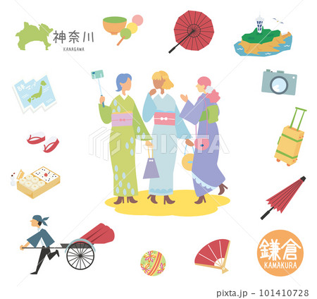 日本の神奈川の鎌倉の名物観光のアイコンと着物の女友達のセット（フラット） 101410728