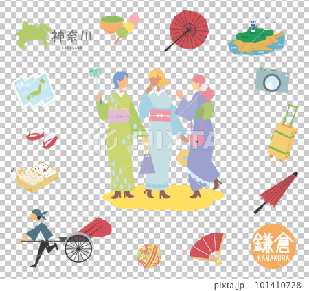 日本著名觀光地神奈川縣鎌倉和和服女性朋友一套（平） 101410728