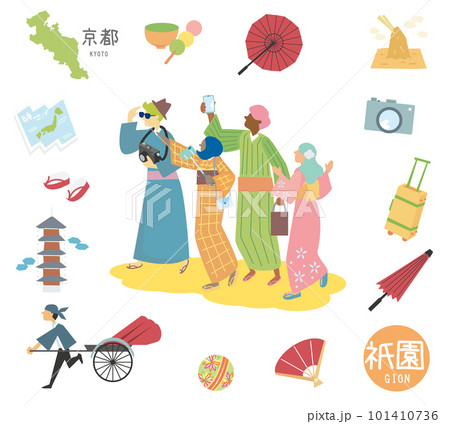 日本の京都の祇園の名物観光のアイコンと着物を着た外国からの観光客のセット(フラット) 日本の京都の祇園の名物観光のアイコンと着物を着た外国からの観光客のセット(フラット) 101410736