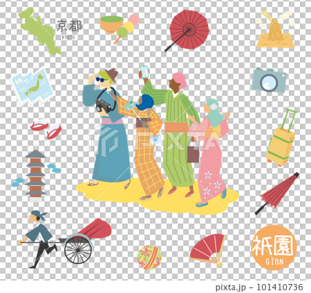 日本の京都の祇園の名物観光のアイコンと着物を着た外国からの観光客のセット(フラット) 日本の京都の祇園の名物観光のアイコンと着物を着た外国からの観光客のセット(フラット) 101410736