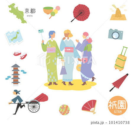 日本の京都の祇園の名物観光のアイコンと着物の女友達のセット（フラット） 101410738