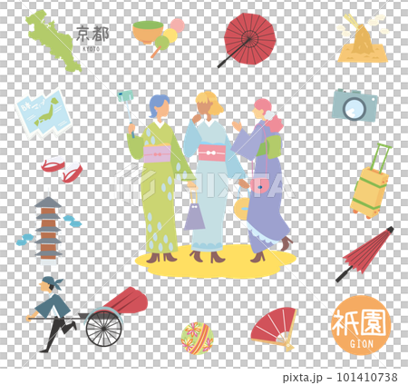 日本の京都の祇園の名物観光のアイコンと着物の女友達のセット（フラット） 101410738