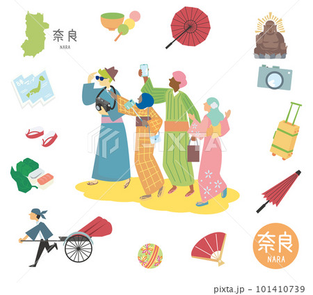 日本の奈良の名物観光のアイコンと着物を着た外国からの観光客のセット（フラット） 101410739