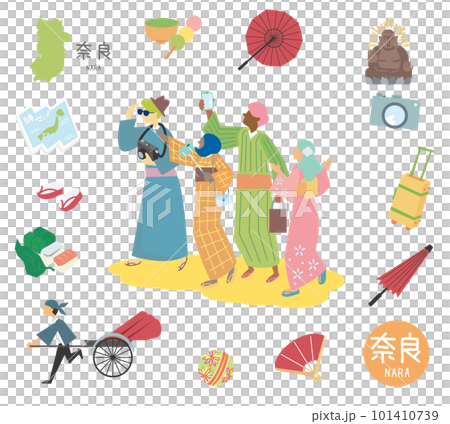 日本の奈良の名物観光のアイコンと着物を着た外国からの観光客のセット（フラット） 101410739