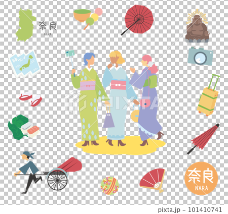 A set of Japanese Nara specialty sightseeing icons and kimono female friends (flat) 101410741