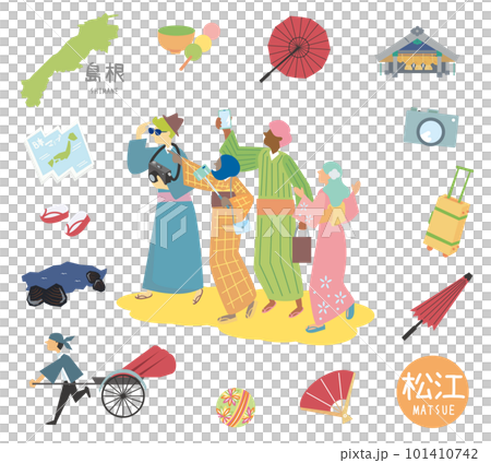 A set of foreign tourists wearing kimono and icons of Matsue in Shimane, Japan (flat) 101410742