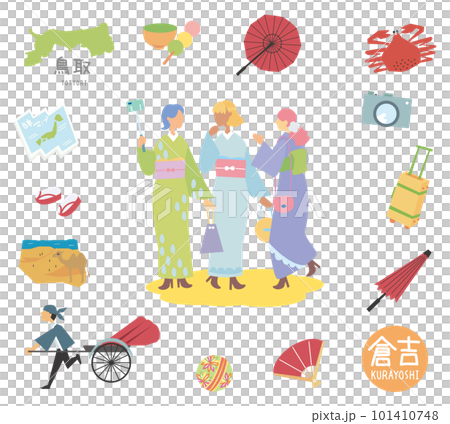 日本著名觀光地鳥取倉吉與女性朋友和服一套（平） 101410748