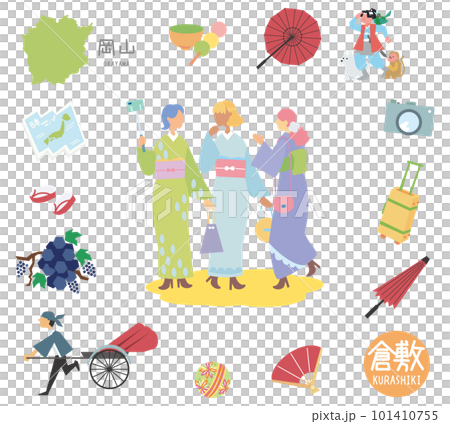 A set of icons of famous sightseeing in Kurashiki, Okayama, Japan and female friends in kimono (flat) 101410755