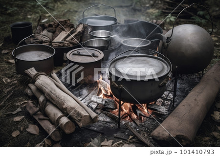 campfire surrounded by cooking pots and pans, ready for a hot meal, created with generative ai 101410793