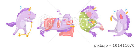 Funny Purple Unicorn Engaged in Different Activity Vector Illustration Set Funny Purple Unicorn Engaged in Different Activity Vector Illustration Set 101411070
