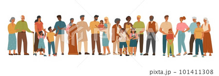 Diverse group of people isolated on white background, vector illustration. People of different race and nations standing together. Multiethnic and multicultural community. Multiracial family 101411308