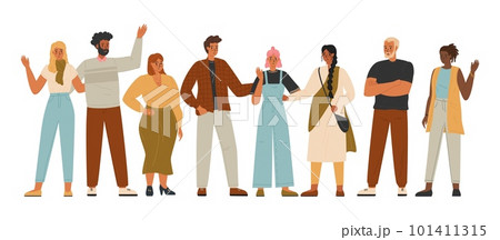 Diverse group of people isolated on white background, vector illustration. People of different race and nations, men and women standing together. Multiethnic and multicultural community 101411315