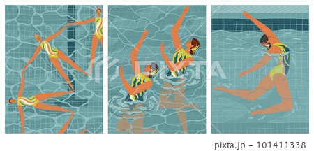 Synchronized swimming vector posters set. Women synchro swimmers work as a team in swimming pool. Water sport concept Synchronized swimming vector posters set. Women synchro swimmers work as a team in swimming pool. Water sport concept 101411338