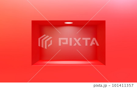 Empty niche or shelf on red wall with led spotlight 3D mockup 101411357