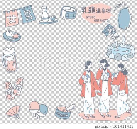A set of female friends wearing yukata and Nyuto hot spring village in Akita, Japan (line drawing gentle color) 101411413