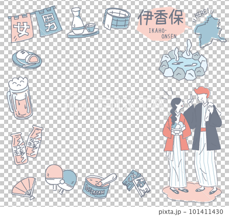 Ikaho Onsen in Gunma, Japan and a set of hot spring icons and a couple wearing a yukata (line drawing gentle color) 101411430