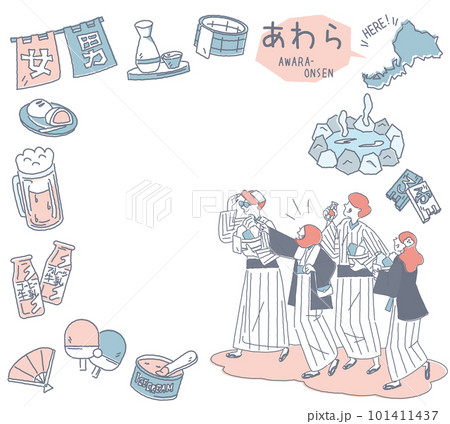 日本の福井のあわら温泉と温泉のアイコンと浴衣を着た外国からの観光客のセット（線画優しいカラー） 101411437