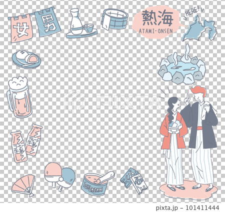 日本靜岡的熱海溫泉和一組溫泉圖標和一對穿著浴衣的夫婦（線條畫柔和的顏色） 101411444