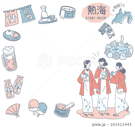 日本の静岡の熱海温泉と温泉のアイコンと浴衣を着た女友達のセット（線画優しいカラー） 101411445