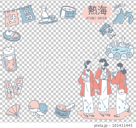 日本の静岡の熱海温泉と温泉のアイコンと浴衣を着た女友達のセット（線画優しいカラー） 101411445