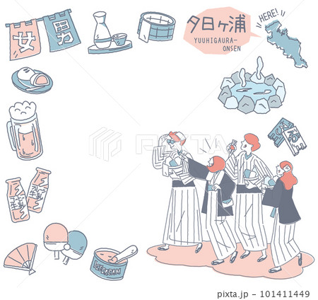 日本の京都の夕日ヶ浦温泉と温泉のアイコンと浴衣を着た外国からの観光客のセット（線画優しいカラー） 101411449