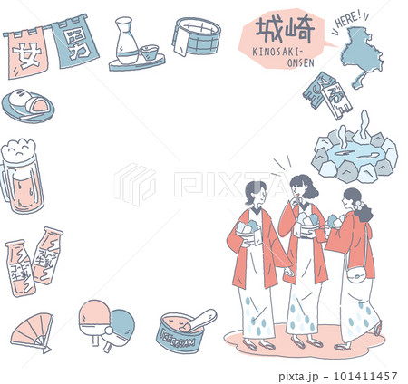 日本の兵庫の城崎温泉と温泉のアイコンと浴衣を着た女友達のセット(線画優しいカラー) 日本の兵庫の城崎温泉と温泉のアイコンと浴衣を着た女友達のセット(線画優しいカラー) 101411457