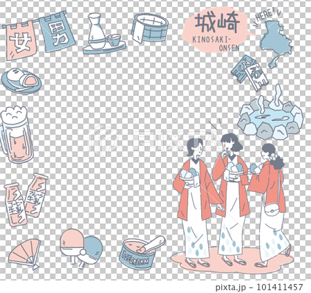 日本の兵庫の城崎温泉と温泉のアイコンと浴衣を着た女友達のセット(線画優しいカラー) 日本の兵庫の城崎温泉と温泉のアイコンと浴衣を着た女友達のセット(線画優しいカラー) 101411457