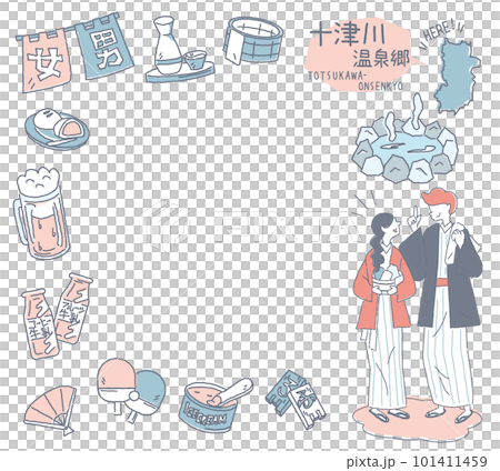 A set of couples wearing yukata with icons of Totsukawa hot springs and hot springs in Nara, Japan (line drawing gentle color) A set of couples wearing yukata with icons of Totsukawa hot springs and hot springs in Nara, Japan (line drawing gentle color) 101411459