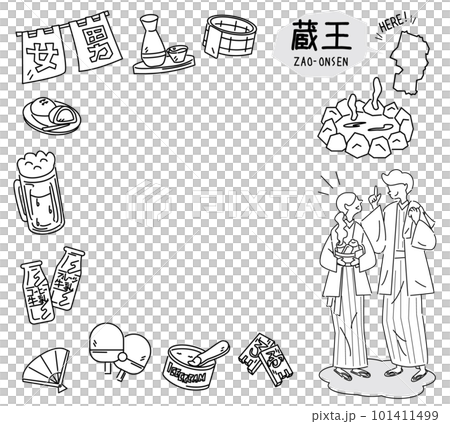 Zao Onsen in Yamagata, Japan and a set of hot spring icons and couples wearing yukata (line drawing black and white) 101411499
