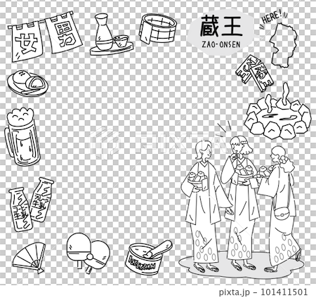 A set of Zao Onsen in Yamagata, Japan and a hot spring icon and a female friend wearing a yukata (line drawing black and white) 101411501