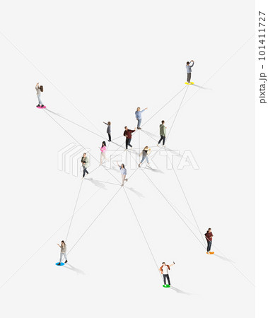 All around the world communication. Aerial view of crowd of different people connected with social media lines over white background 101411727