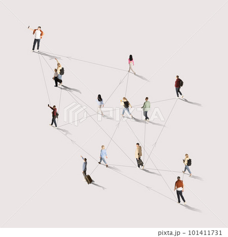 Aerial view on crowd of different people of diverse age and gender connected with social media lines against white background 101411731