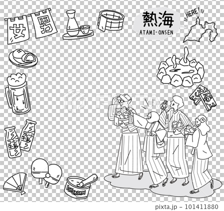 日本靜岡的熱海溫泉和一組穿著浴衣的溫泉偶像和外國遊客（黑白線描） 101411880