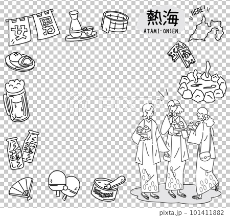 日本の静岡の熱海温泉と温泉のアイコンと浴衣を着た女友達のセット（線画白黒） 101411882