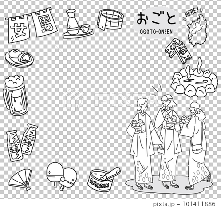 A set of Japanese Shiga hot springs and hot spring icons and female friends wearing yukata (line drawing black and white) 101411886