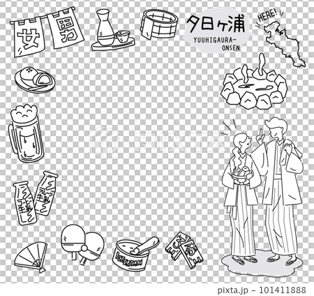 日本京都夕日浦溫泉和一組穿著浴衣的溫泉偶像和情侶（黑白線描） 101411888