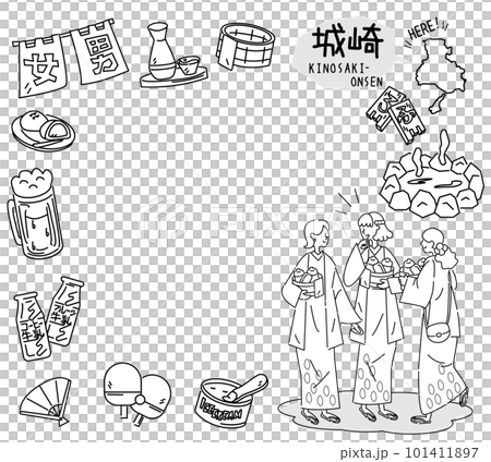 A set of Kinosaki Onsen in Hyogo, Japan and a hot spring icon and a female friend wearing a yukata (line drawing black and white) 101411897