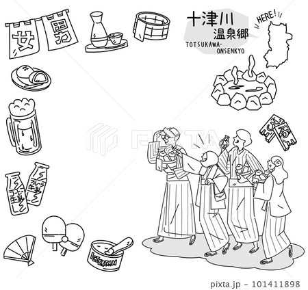 日本の奈良の十津川温泉郷と温泉のアイコンと浴衣を着た外国からの観光客のセット（線画白黒） 101411898
