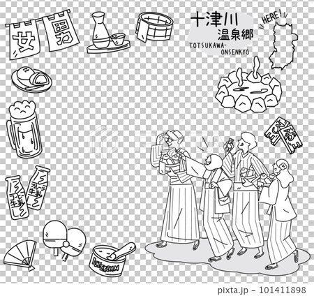 日本の奈良の十津川温泉郷と温泉のアイコンと浴衣を着た外国からの観光客のセット（線画白黒） 101411898