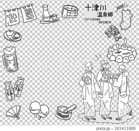 一組日本奈良的十津川溫泉村，溫泉偶像和穿著浴衣的女性朋友（黑白線描） 101411900