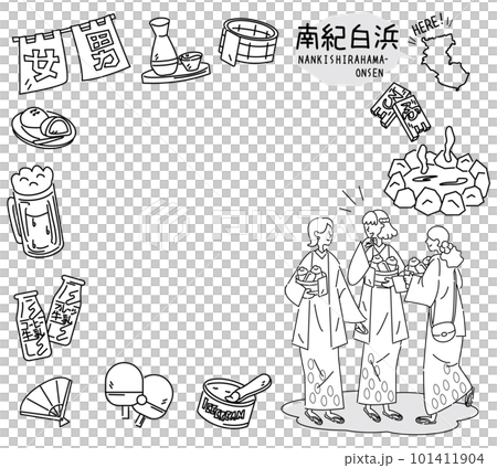 Set of icons of Nanki Shirahama and hot springs in Wakayama, Japan, and female friends wearing yukata (line drawing black and white) Set of icons of Nanki Shirahama and hot springs in Wakayama, Japan, and female friends wearing yukata (line drawing black and white) 101411904