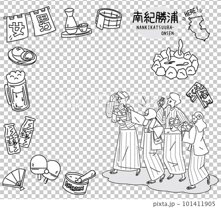 A set of icons of Nanki Katsuura and hot springs in Wakayama, Japan, and foreign tourists wearing yukata (line drawing black and white) A set of icons of Nanki Katsuura and hot springs in Wakayama, Japan, and foreign tourists wearing yukata (line drawing black and white) 101411905