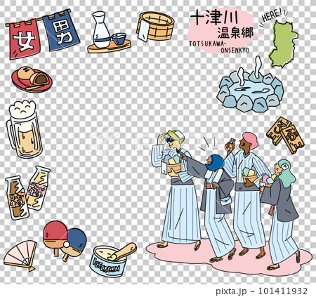 日本の奈良の十津川温泉郷と温泉のアイコンと浴衣を着た外国からの観光客のセット（線画） 101411932