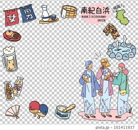 Set of icons of Nanki Shirahama and hot springs in Wakayama, Japan, and female friends wearing yukata (line drawing) 101411937