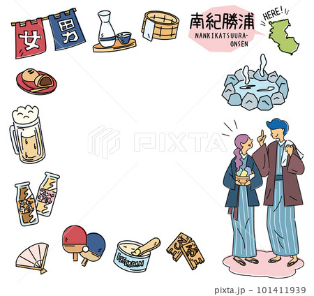 日本の和歌山の南紀勝浦と温泉のアイコンと浴衣を着たカップルのセット（線画） 101411939