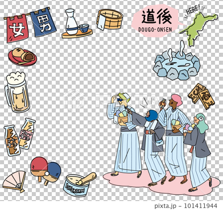 Dogo Onsen in Wakayama, Japan and a set of hot spring icons and foreign tourists wearing yukata (line drawing) Dogo Onsen in Wakayama, Japan and a set of hot spring icons and foreign tourists wearing yukata (line drawing) 101411944